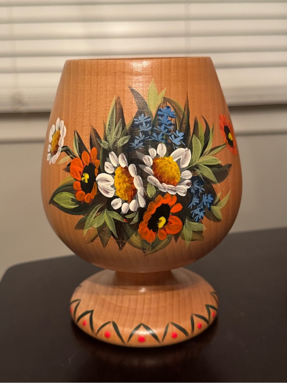 Vintage Hand-Painted Wood Pedestal Vase Folk Art Floral Boho Decor